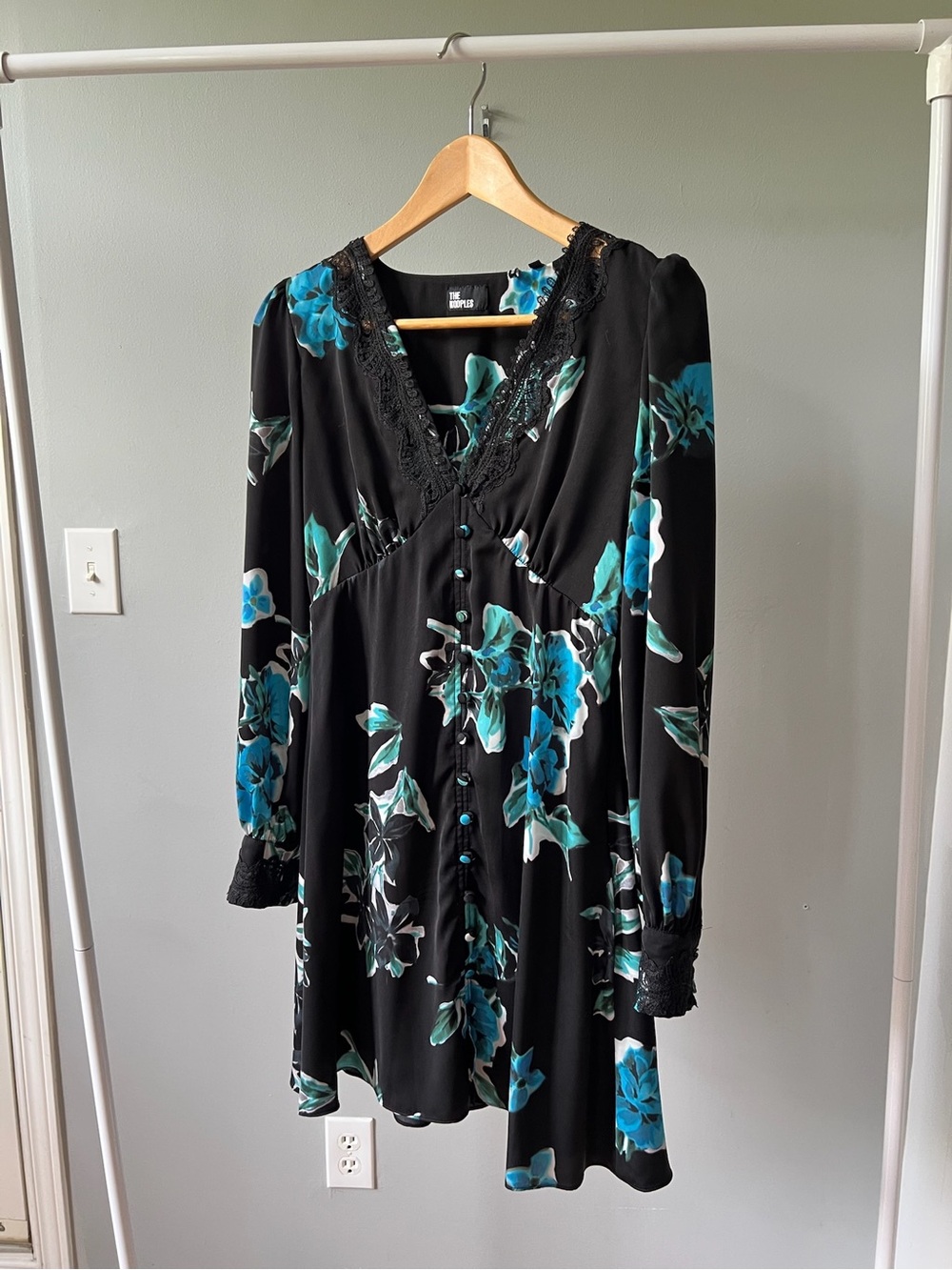 The Kooples Black Dress with Teal Floral Print and Lace Trim